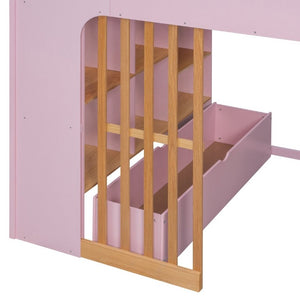English Elm Full Size Loft Bed with Built in Shelves Under Drawer Oak Accents Kids Room Pink LT000433AAH