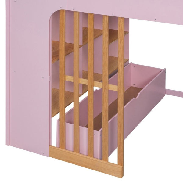 English Elm Full Size Loft Bed with Built in Shelves Under Drawer Oak Accents Kids Room Pink LT000433AAH