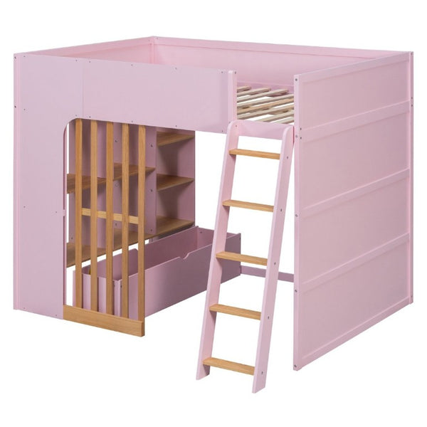 English Elm Full Size Loft Bed with Built in Shelves Under Drawer Oak Accents Kids Room Pink LT000433AAH
