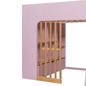 English Elm Full Size Loft Bed with Built in Shelves Under Drawer Oak Accents Kids Room Pink LT000433AAH