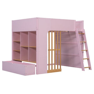 English Elm Full Size Loft Bed with Built in Shelves Under Drawer Oak Accents Kids Room Pink LT000433AAH