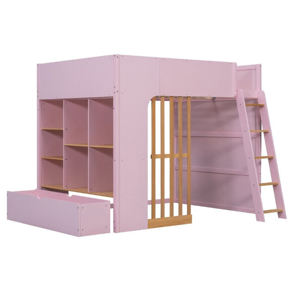 English Elm Full Size Loft Bed with Built in Shelves Under Drawer Oak Accents Kids Room Pink LT000433AAH
