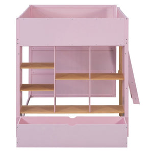 English Elm Full Size Loft Bed with Built in Shelves Under Drawer Oak Accents Kids Room Pink LT000433AAH