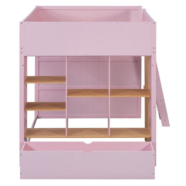 English Elm Full Size Loft Bed with Built in Shelves Under Drawer Oak Accents Kids Room Pink LT000433AAH