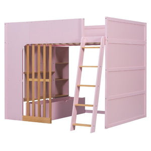 English Elm Full Size Loft Bed with Built in Shelves Under Drawer Oak Accents Kids Room Pink LT000433AAH