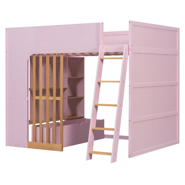 English Elm Full Size Loft Bed with Built in Shelves Under Drawer Oak Accents Kids Room Pink LT000433AAH