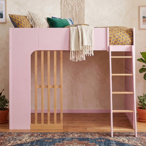 English Elm Full Size Loft Bed with Built in Shelves Under Drawer Oak Accents Kids Room Pink LT000433AAH