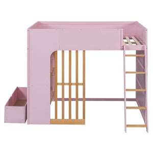 English Elm Full Size Loft Bed with Built in Shelves Under Drawer Oak Accents Kids Room Pink LT000433AAH