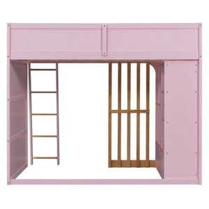 English Elm Full Size Loft Bed with Built in Shelves Under Drawer Oak Accents Kids Room Pink LT000433AAH