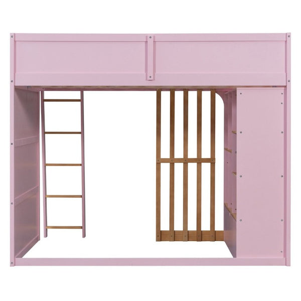 English Elm Full Size Loft Bed with Built in Shelves Under Drawer Oak Accents Kids Room Pink LT000433AAH