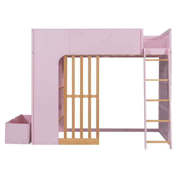 English Elm Full Size Loft Bed with Built in Shelves Under Drawer Oak Accents Kids Room Pink LT000433AAH