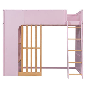 English Elm Full Size Loft Bed with Built in Shelves Under Drawer Oak Accents Kids Room Pink LT000433AAH