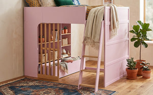 English Elm Full Size Loft Bed with Built in Shelves Under Drawer Oak Accents Kids Room Pink LT000433AAH