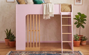 English Elm Full Size Loft Bed with Built in Shelves Under Drawer Oak Accents Kids Room Pink LT000433AAH