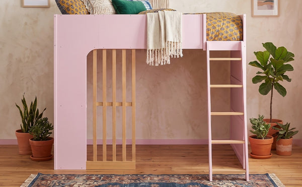 English Elm Full Size Loft Bed with Built in Shelves Under Drawer Oak Accents Kids Room Pink LT000433AAH