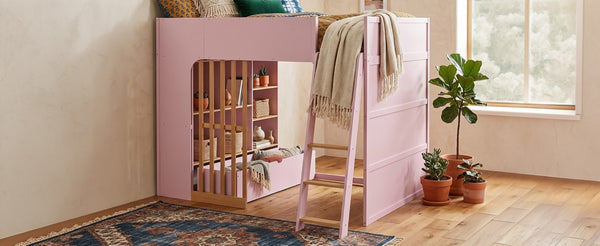 English Elm Full Size Loft Bed with Built in Shelves Under Drawer Oak Accents Kids Room Pink LT000433AAH