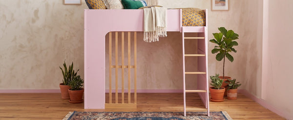 English Elm Full Size Loft Bed with Built in Shelves Under Drawer Oak Accents Kids Room Pink LT000433AAH
