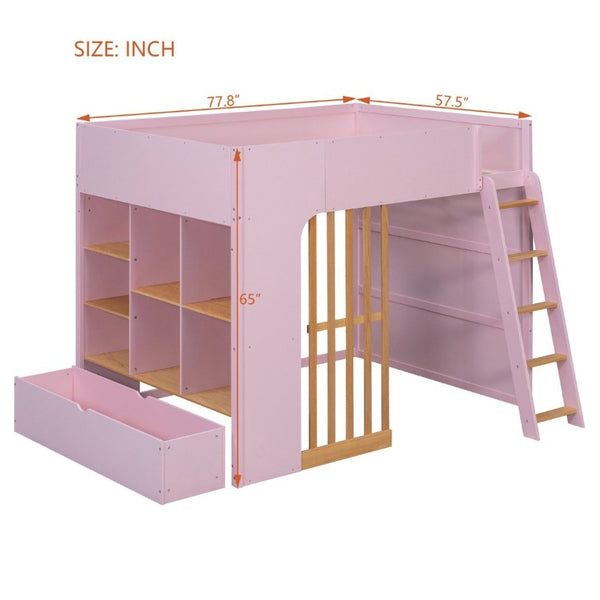 English Elm Full Size Loft Bed with Built in Shelves Under Drawer Oak Accents Kids Room Pink LT000433AAH