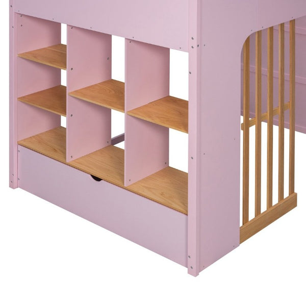 English Elm Full Size Loft Bed with Built in Shelves Under Drawer Oak Accents Kids Room Pink LT000433AAH