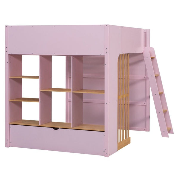 English Elm Full Size Loft Bed with Built in Shelves Under Drawer Oak Accents Kids Room Pink LT000433AAH