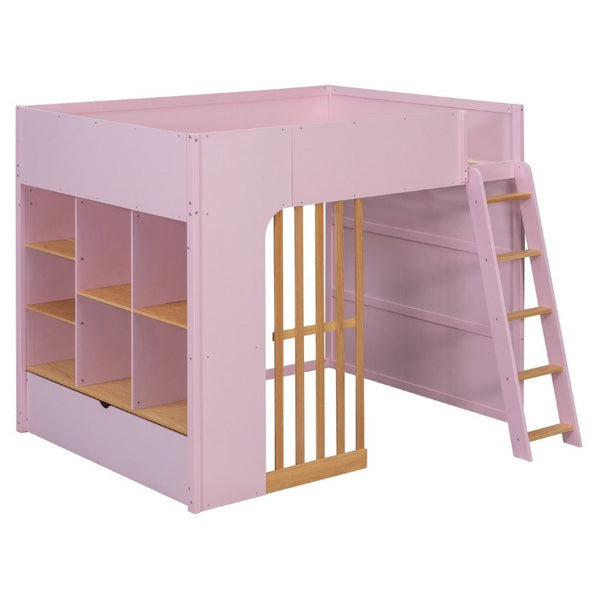 English Elm Full Size Loft Bed with Built in Shelves Under Drawer Oak Accents Kids Room Pink LT000433AAH
