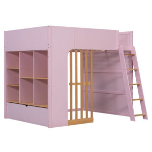 English Elm Full Size Loft Bed with Built in Shelves Under Drawer Oak Accents Kids Room Pink LT000433AAH