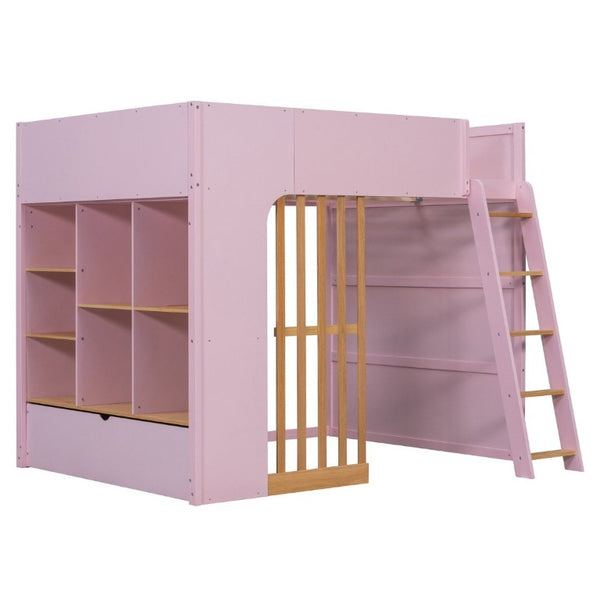 English Elm Full Size Loft Bed with Built in Shelves Under Drawer Oak Accents Kids Room Pink LT000433AAH