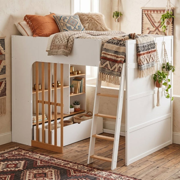 English Elm Full Size Loft Bed with Built in Shelves Under Drawer Oak Accents Kids Room White+Natural LT000433AAK
