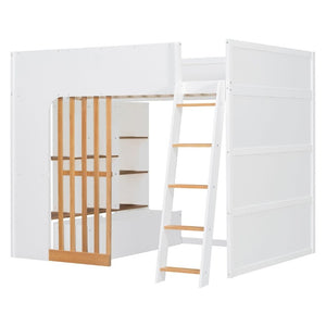 English Elm Full Size Loft Bed with Built in Shelves Under Drawer Oak Accents Kids Room White+Natural LT000433AAK