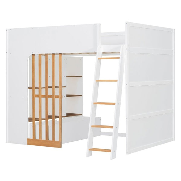English Elm Full Size Loft Bed with Built in Shelves Under Drawer Oak Accents Kids Room White+Natural LT000433AAK
