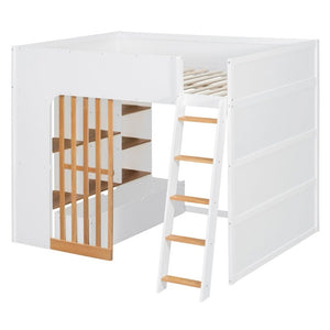 English Elm Full Size Loft Bed with Built in Shelves Under Drawer Oak Accents Kids Room White+Natural LT000433AAK