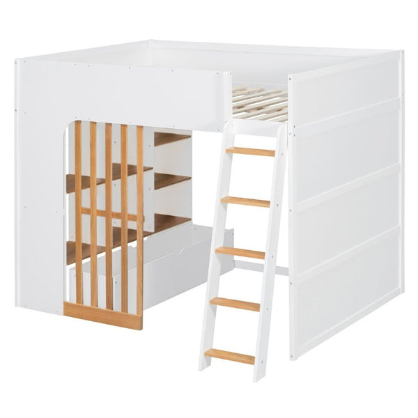 English Elm Full Size Loft Bed with Built in Shelves Under Drawer Oak Accents Kids Room White+Natural LT000433AAK