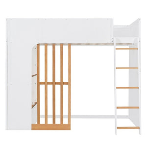 English Elm Full Size Loft Bed with Built in Shelves Under Drawer Oak Accents Kids Room White+Natural LT000433AAK