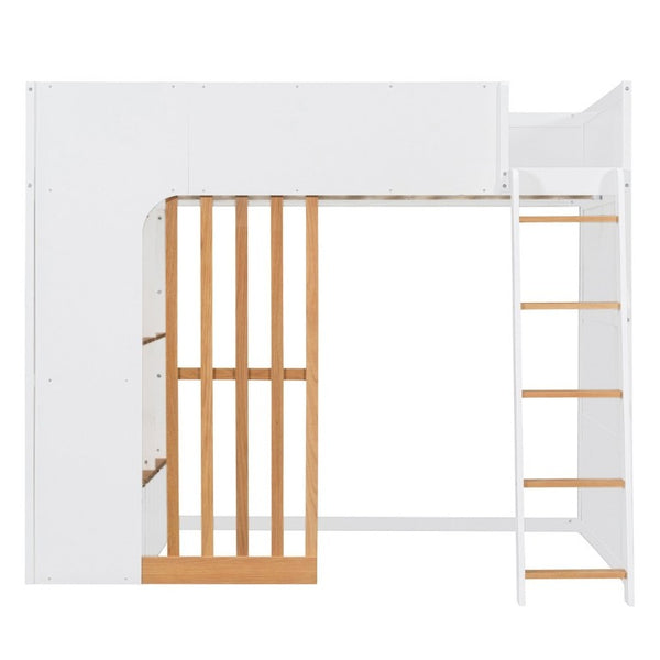 English Elm Full Size Loft Bed with Built in Shelves Under Drawer Oak Accents Kids Room White+Natural LT000433AAK