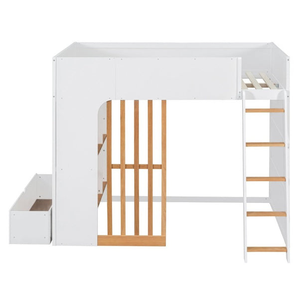 English Elm Full Size Loft Bed with Built in Shelves Under Drawer Oak Accents Kids Room White+Natural LT000433AAK