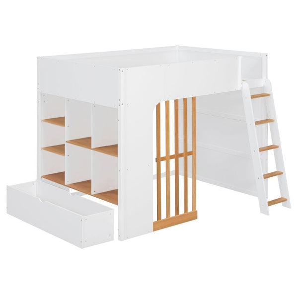 English Elm Full Size Loft Bed with Built in Shelves Under Drawer Oak Accents Kids Room White+Natural LT000433AAK