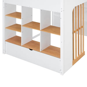 English Elm Full Size Loft Bed with Built in Shelves Under Drawer Oak Accents Kids Room White+Natural LT000433AAK