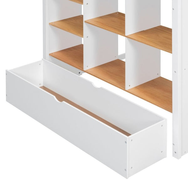 English Elm Full Size Loft Bed with Built in Shelves Under Drawer Oak Accents Kids Room White+Natural LT000433AAK