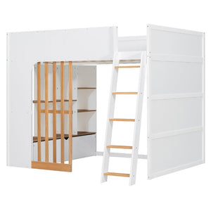 English Elm Full Size Loft Bed with Built in Shelves Under Drawer Oak Accents Kids Room White+Natural LT000433AAK