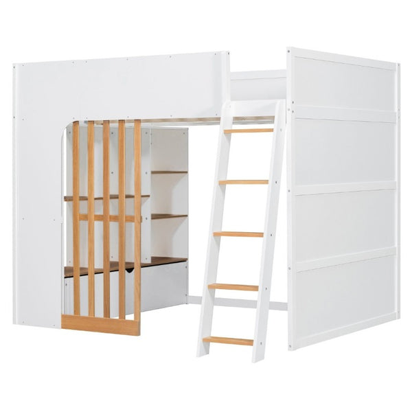 English Elm Full Size Loft Bed with Built in Shelves Under Drawer Oak Accents Kids Room White+Natural LT000433AAK