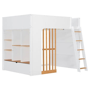 English Elm Full Size Loft Bed with Built in Shelves Under Drawer Oak Accents Kids Room White+Natural LT000433AAK