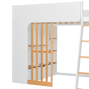 English Elm Full Size Loft Bed with Built in Shelves Under Drawer Oak Accents Kids Room White+Natural LT000433AAK