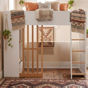 English Elm Full Size Loft Bed with Built in Shelves Under Drawer Oak Accents Kids Room White+Natural LT000433AAK