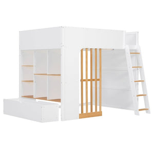 English Elm Full Size Loft Bed with Built in Shelves Under Drawer Oak Accents Kids Room White+Natural LT000433AAK