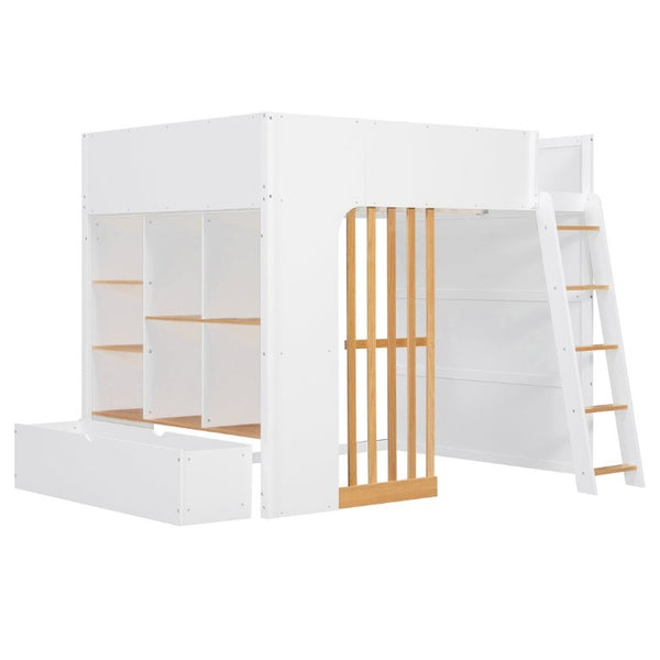 English Elm Full Size Loft Bed with Built in Shelves Under Drawer Oak Accents Kids Room White+Natural LT000433AAK