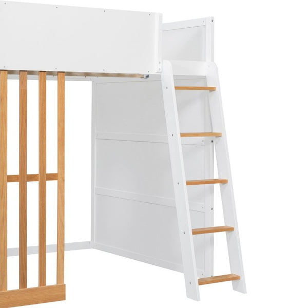 English Elm Full Size Loft Bed with Built in Shelves Under Drawer Oak Accents Kids Room White+Natural LT000433AAK
