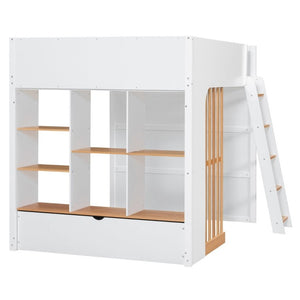 English Elm Full Size Loft Bed with Built in Shelves Under Drawer Oak Accents Kids Room White+Natural LT000433AAK