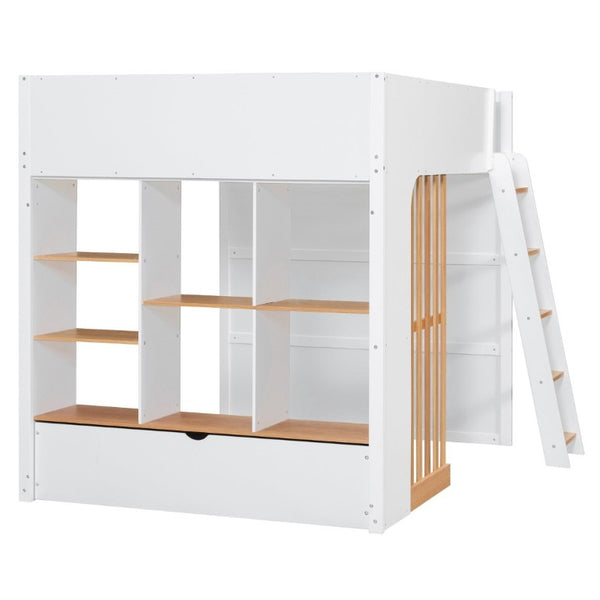 English Elm Full Size Loft Bed with Built in Shelves Under Drawer Oak Accents Kids Room White+Natural LT000433AAK