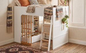 English Elm Full Size Loft Bed with Built in Shelves Under Drawer Oak Accents Kids Room White+Natural LT000433AAK