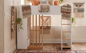 English Elm Full Size Loft Bed with Built in Shelves Under Drawer Oak Accents Kids Room White+Natural LT000433AAK